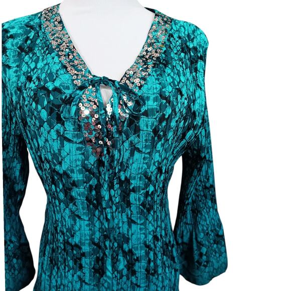 Y2K FASHION BUG Top Blouse L‎ Accordion Pleats Flare Sequins Snake Turquoise - Picture 5 of 12